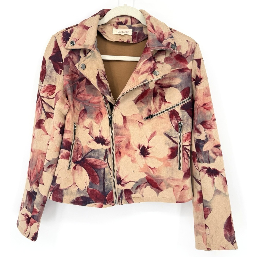 Solitaire Floral Faux Suede Moto Jacket Size‎ Small Romantic Floral Street Style